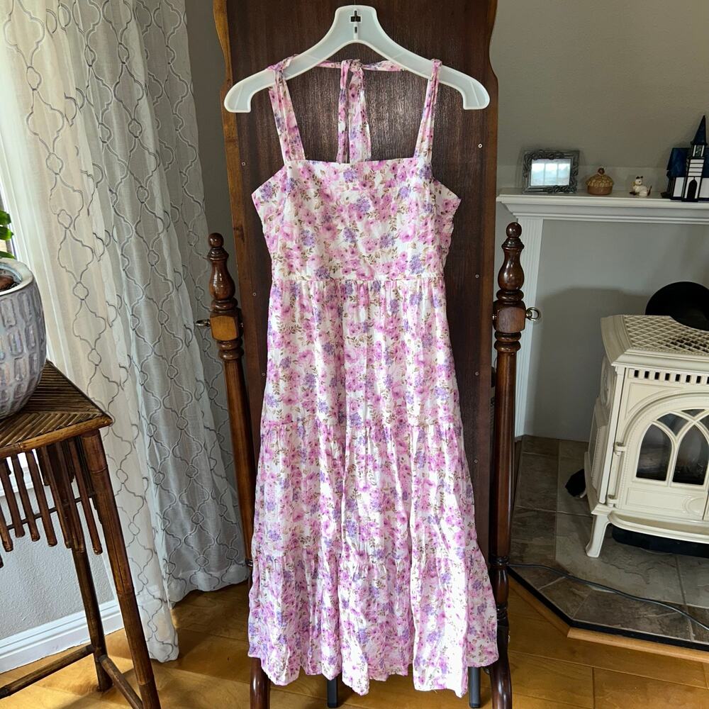 By The River - RIBBON TIE MIDI DRESS size small pink floral midi